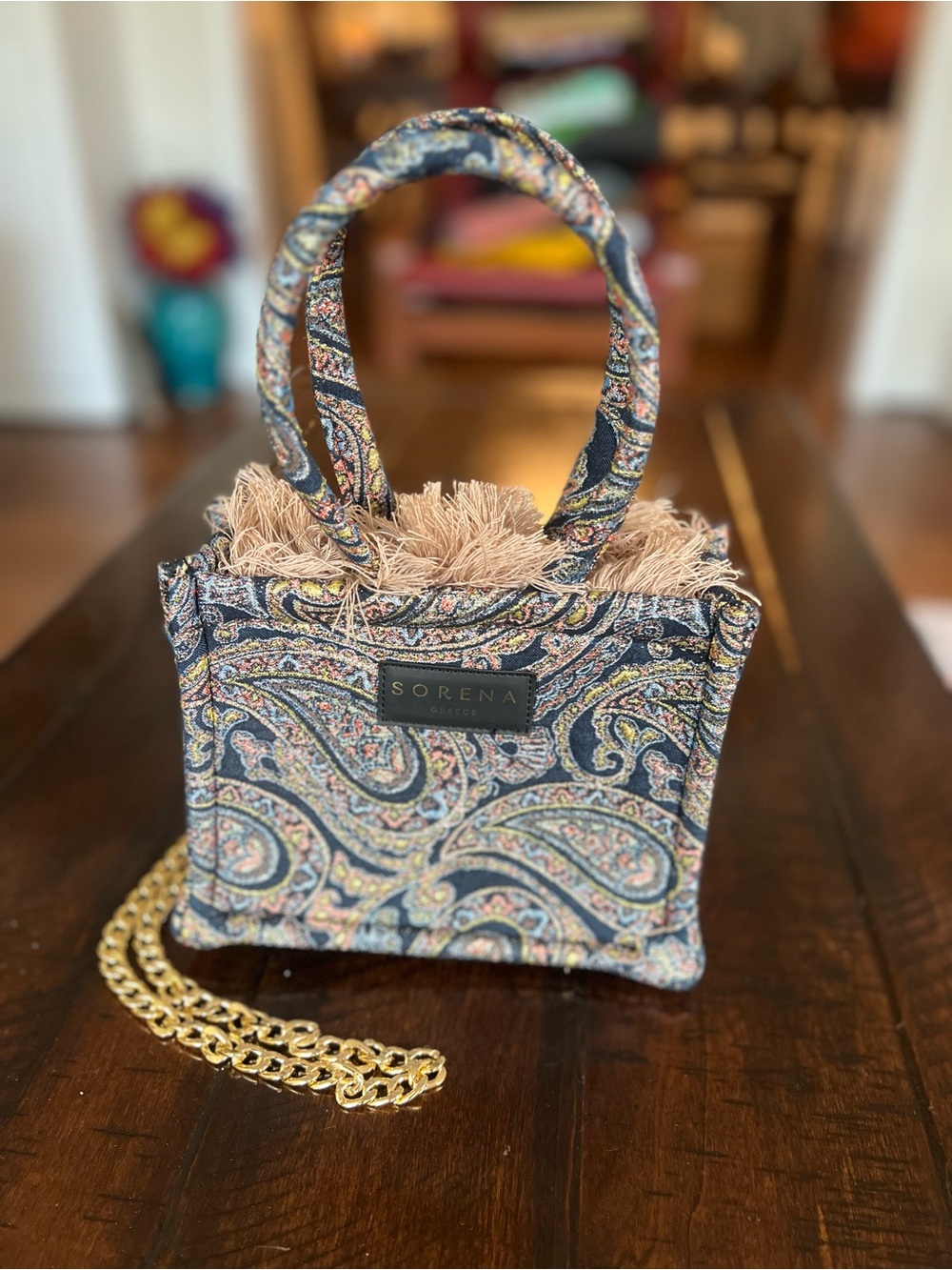 Sorena Greece Paisley Mini Tote Bag Blue Multicolor Fringe Gold Chain